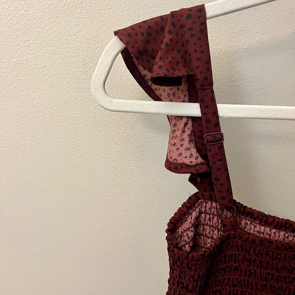 Francesca’s Mi Amor Becca Ruffle Strap Jumpsuit - XS, Burgundy Red/Black Print - Picture 9 of 10